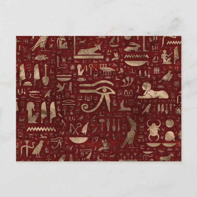 Forntida egyptiska hieroglyfer Röd läder och guld Vykort (Framsida)