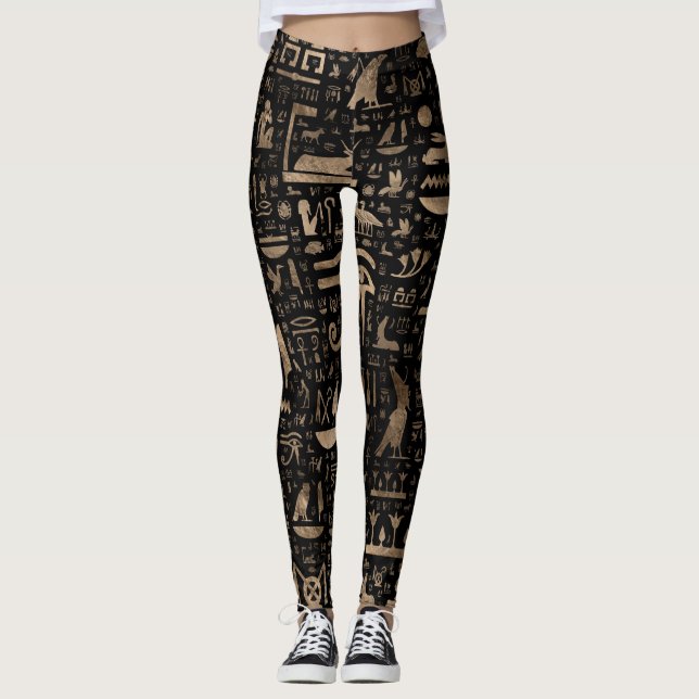 Forntida egyptiska hieroglyphs - svart och guld leggings (Framsida)