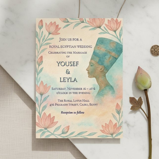 Forntida egyptiska majestätiska Nefertiti inbjudan (Ancient Egyptian wedding invitation with Nefertiti & lotus.)
