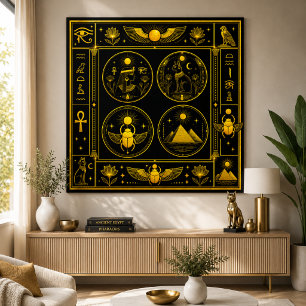 Forntida egyptiska symboler Svart Guld Mönster Lyx Poster