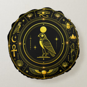 Forntida egyptiska symboler Svart Guld Mönster Lyx Rund Kudde