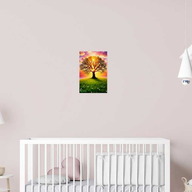 Forntida ek på grön kulle solnedgång poster (Barnkammare 2)