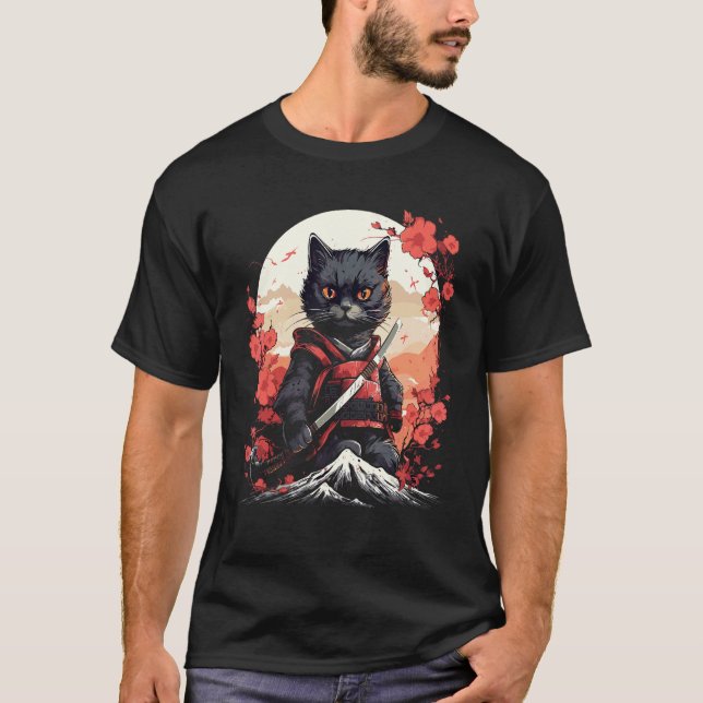 Forntida Japan Krigare Ninja Katt Samurai Kitty T Shirt (Framsida)