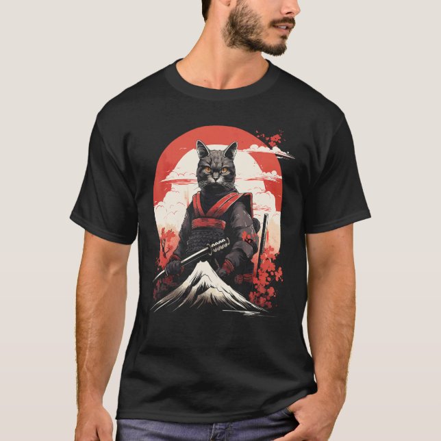 Forntida Japan Krigare Ninja Katt Samurai Kitty T Shirt (Framsida)