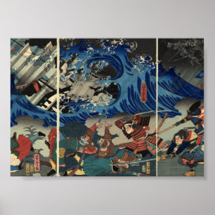Forntida japansk målning av samuraien och Mongols Poster