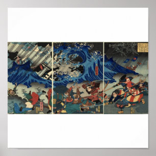 Forntida japansk målning av samuraien och Mongols Poster