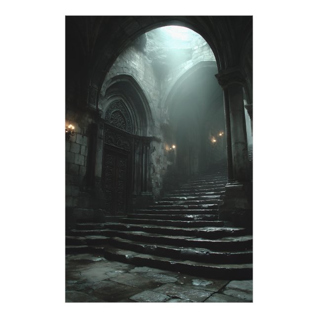 Forntida katedral trappa dimma ljus fototryck (Framsidan)