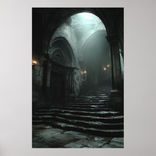 Forntida katedral trappa dimma ljus poster