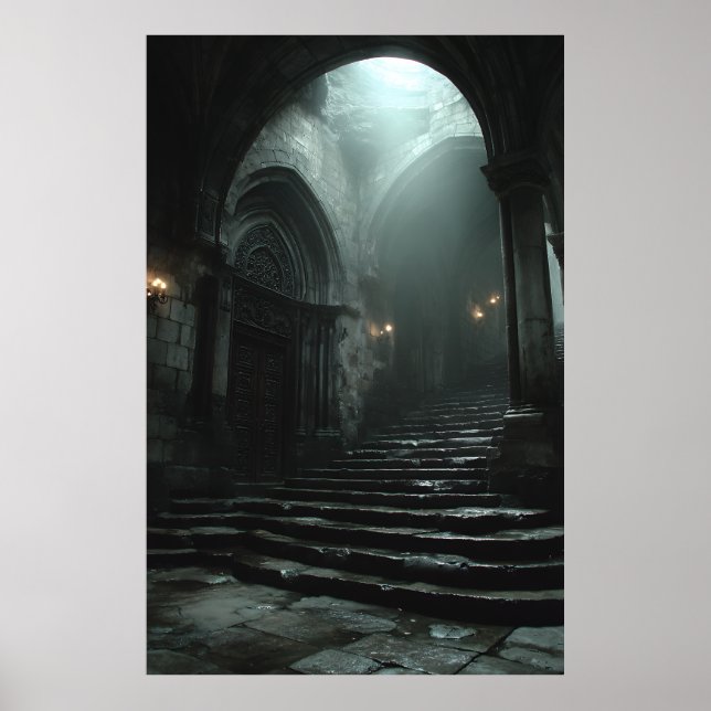 Forntida katedral trappa dimma ljus poster (Framsidan)
