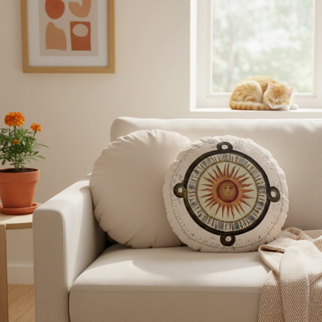 Forntida solansikte Aztekisk kalender konst Rund k Kudde (Aztec Calendar vintage art pillow. Decorative round pillow featuring ancient sun face art.)