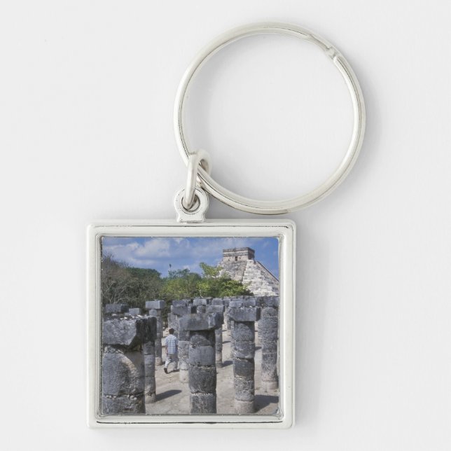Forntida stenpelare i Chichen Itza. Centrala Fyrkantig Silverfärgad Nyckelring (Framsidan)