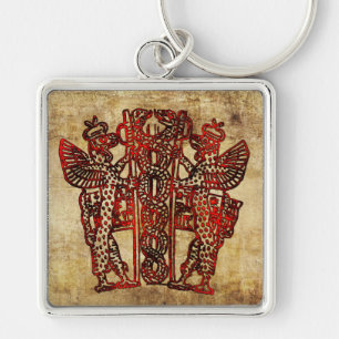 Forntida Sumerian Caduceus Fyrkantig Silverfärgad Nyckelring