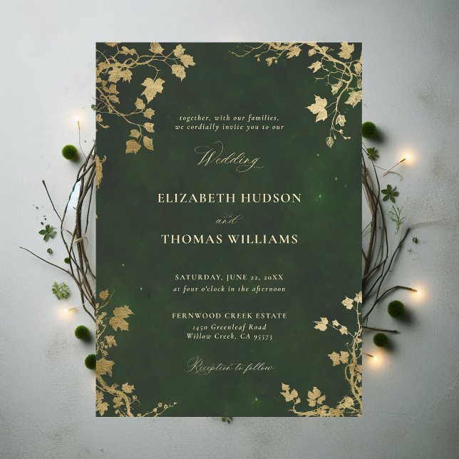 Förnyad skog - minimalt Ram Guld Magic Bröllop Inbjudningar (Enchanted Forest Hunter Green Draped Greenery Minimal Frame Modern Calligraphy Wedding Invitation)