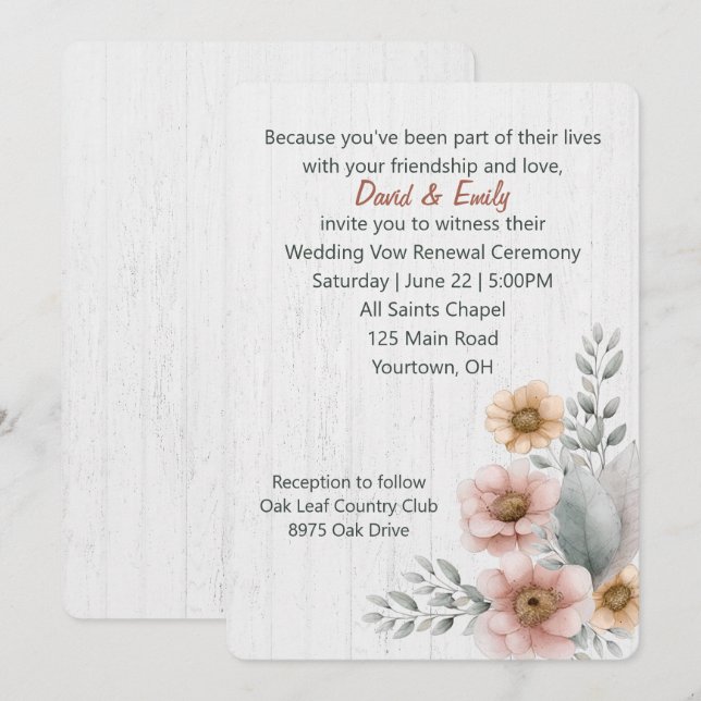 Förnyade löftesblommor på trä inbjudningar (Fram/baksida)