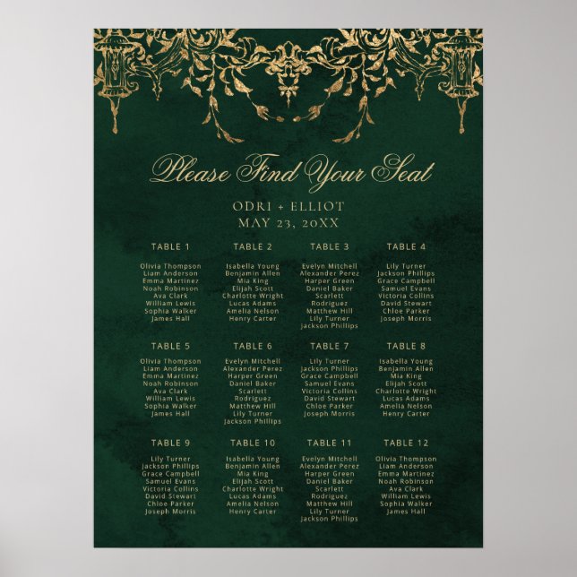 Förnyat Royal Emerald Guld Bröllop Seating Poster (Framsidan)