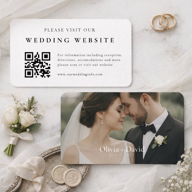 Förpackning med 100 eleganta QR-kod bröllopswebbpl Visitkort (Elegant wedding website QR code card with matching photo save the date)