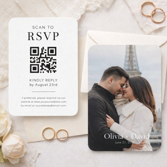 Förpackning med 100 eleganta QR-kod bröllopswebbpl Visitkort (Elegant RSVP QR code card with matching couple photo wedding insert)