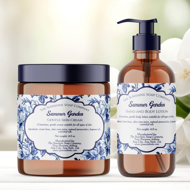 Förpackningsetikett för vit blå Blommigt Fraktsedel (Skapare uppladdad)