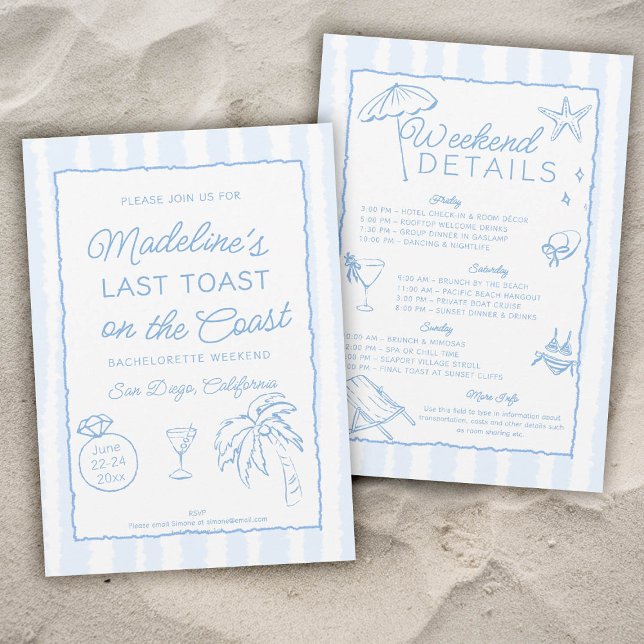 Förra samtalet om Bachelorette-partiet i Kusten Ra Inbjudningar (last toast on the coast bachelorette party invitation invite itinerary hand drawn written stripes)
