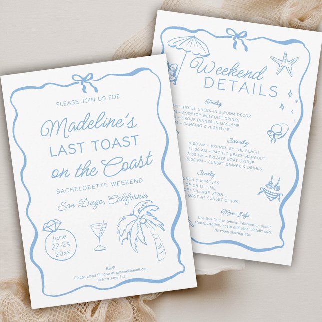 Förra samtalet om Kusten-Bow Bachelorette-partiet Inbjudningar (last toast on the coast bachelorette party invitation invite itinerary hand written drawn doodle )