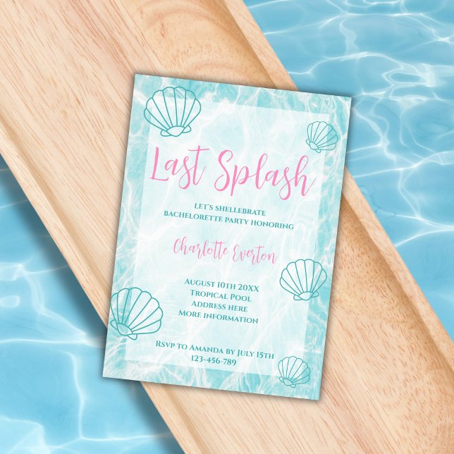 Förra Stänk Beach Tropical Bachelorette Party Inbjudningar (last splash pool bachelorette party invitation shell mermaid)