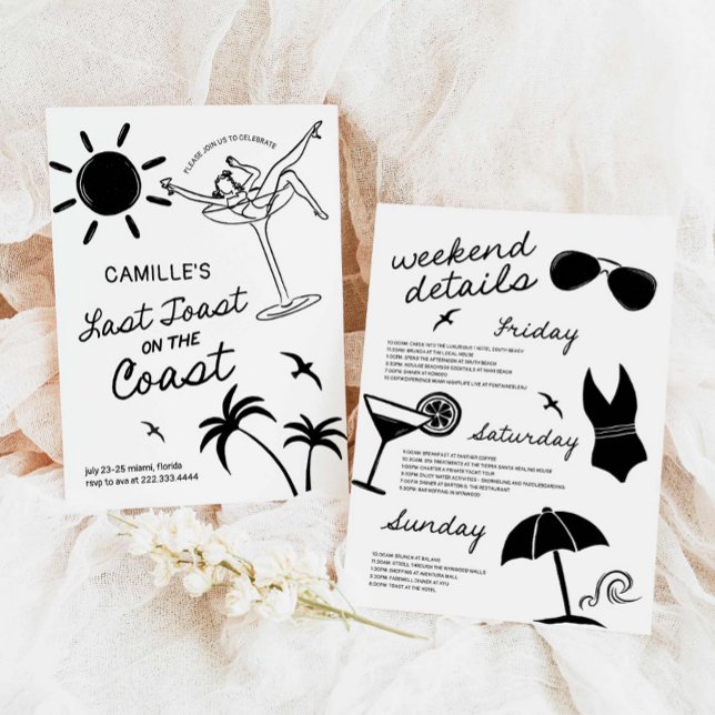 Förra Toast Hand plockade Bachelorette Helg Inbjudningar (Last Toast Hand Drawn Bachelorette Weekend with itinerary Invitation)