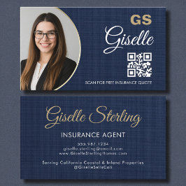 Försäkringsagent Navy Blue Gold Foto QR-kod Linne Visitkort