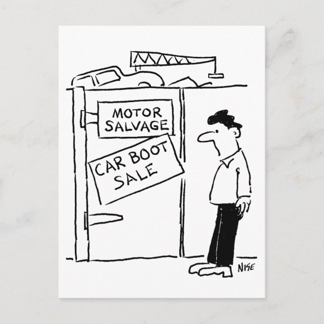 Försäljning av bilstart vid skrapyard-Tecknad Vykort (Framsida)