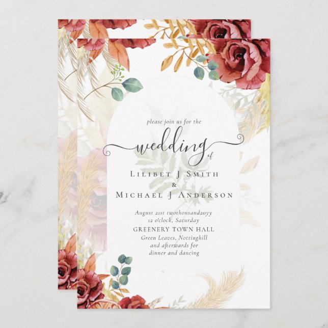 FÖRSÄLJNING! Boho Burgundy Guld Blommigt Land Barn Inbjudningar (Fram/baksida)