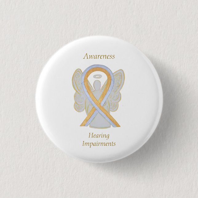 Försämrad hörsel Medvetenhet Ribbon Angel Pin Knapp (Framsida)