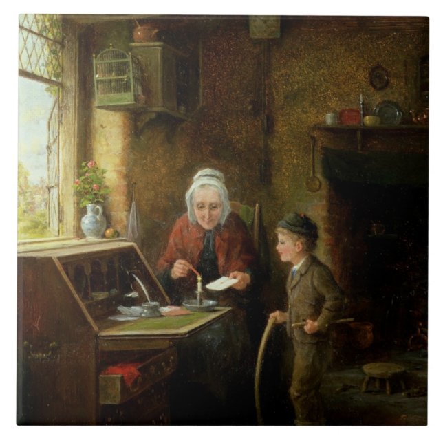 Försegla ett brev, 1890 (olja på panel) kakelplatta (Framsidan)