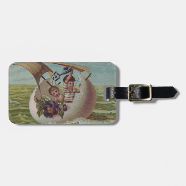 Förseglande äggbarn med Antique Påsk Card Bagagebricka (Horisontell Framsida)