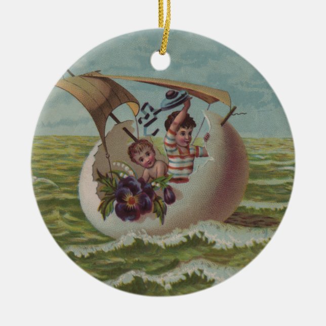 Förseglande äggbarn med Antique Påsk Card Julgransprydnad Keramik (Framsidan)