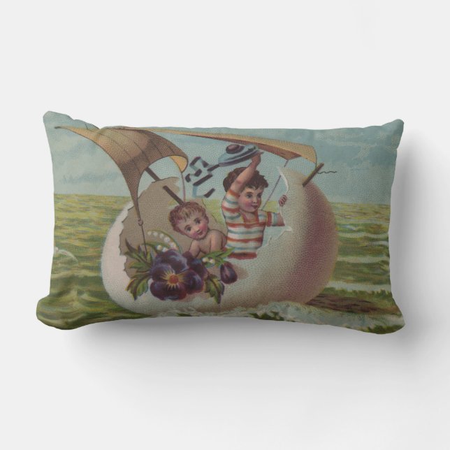 Förseglande äggbarn med Antique Påsk Card Lumbarkudde (Framsida)