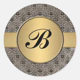 Förseglingsetikett för Damask guld med monogrammet Runt Klistermärke