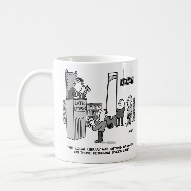 Försenad bibliotekbok. Sträng straff för sena åter Kaffemugg (Vänster)