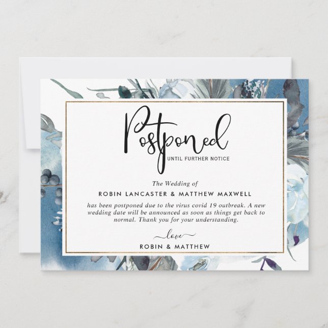 Försenad evenemangshändelse Blå blommig kort (Framsida)