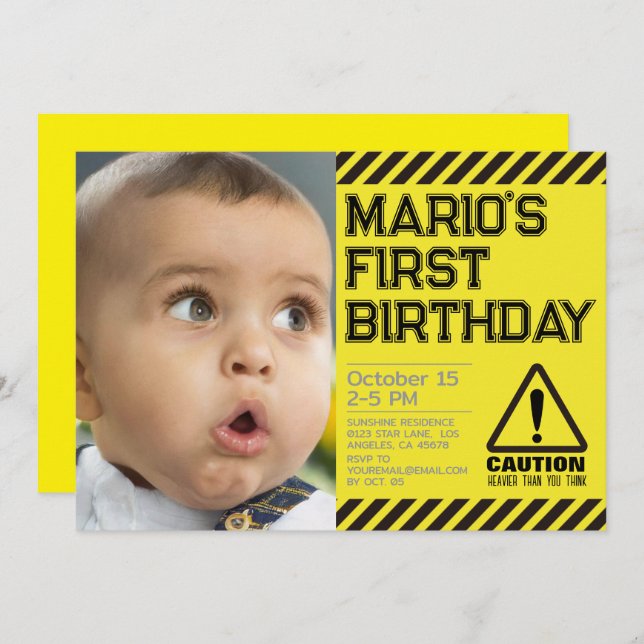 Försiktighet! Funny First Födelsedagsfest inbjudan (Fram/baksida)