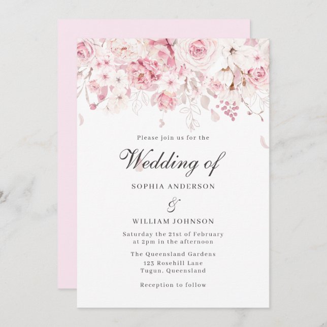 Försiktigt  Rosa ros Elegant Blommigt Bröllop Inbjudningar (Fram/baksida)