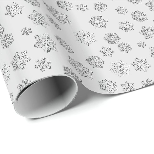 Försilvra 3 D-snöflingor på en silverbakgrund Presentpapper (Rullad Hörn)