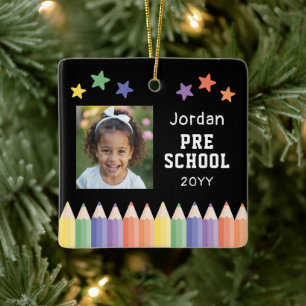 Förskolebeställd barnfoto-souvenir julgransprydnad keramik