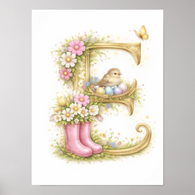 Förskolebokstav E Babyfågel Initial Guld Blommig Poster (Framsidan)