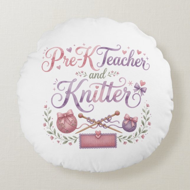 Förskolelärare och stickare Rund Kudd Kudde (Framsidan)