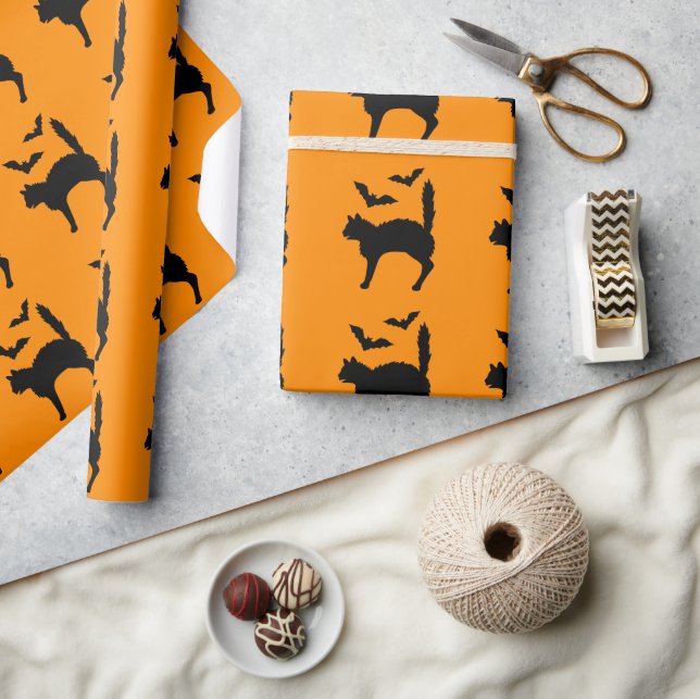 Förskräckt Halloween-katt och fladdermöss siluett  Presentpapper (Hantverk)