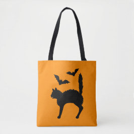 Förskräckt Halloween-katt och fladdermöss siluett  Tygkasse