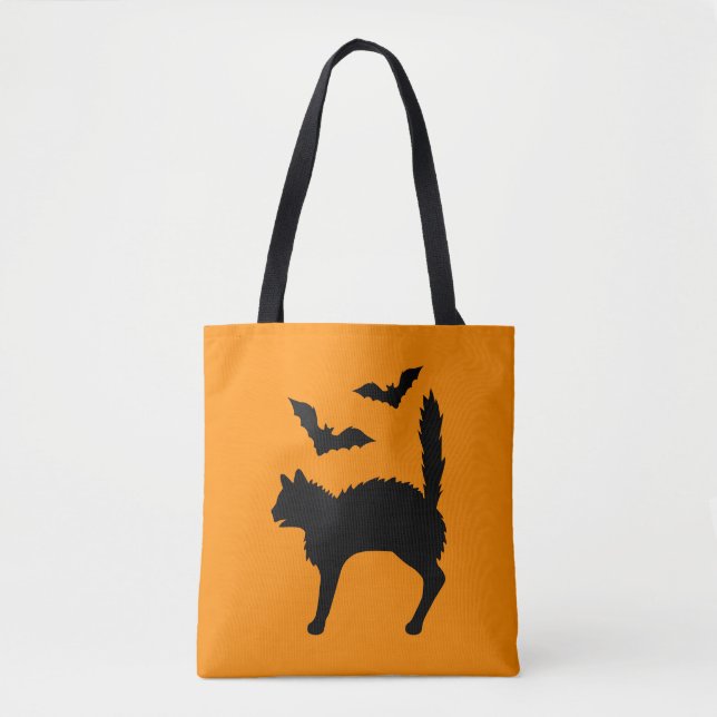 Förskräckt Halloween-katt och fladdermöss siluett  Tygkasse (Framsida)