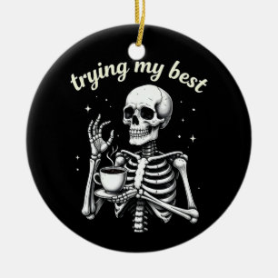 Försöker Mitt Bästa Roliga Skelett Kaffe Halloween Julgransprydnad Keramik