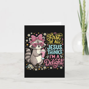 Först av Jesus Tror En Röd Glad Tvättbjörn Design Kort