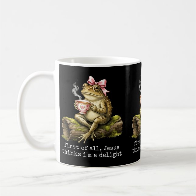 Först av Jesus tycker en förtjusning Rolig Groda M Kaffemugg (Vänster)