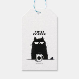 Först kaffe sen mjau – Rolig katt kaffefantast Presentetikett